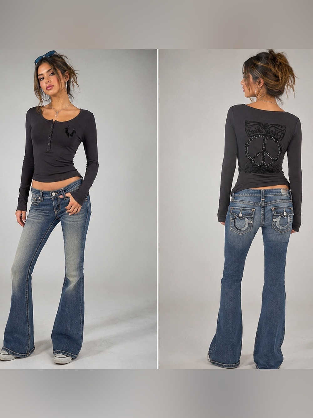 True Religion Brand Jeans long sleeve top Black rhinestone Y2K 2000’s McBling
